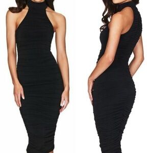New Nookie Rosie Midi Dress High Neck Ruched Black Small